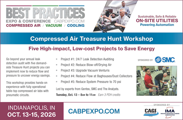 Advertisement for the Compressed Air Treasure Hunt Workshop at the Best Practices EXPO in Indianapolis, listing five low-cost energy projects covering leak detection auditing, blow-off and drying air, vacuum venturis, baghouse and dust collector flow, and system pressure reduction.