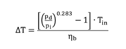 Formula for temperature rise across a blower from the pressure ratio, inlet temperature and blower efficiency.