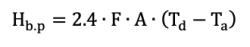 Formula for heat radiated from the blower package using area, and the difference between discharge and ambient temperature.