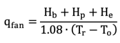 Formula for ventilation fan flow from the total heat load and the temperature difference between room and outside air.
