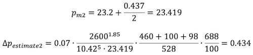 Formulas: p_m2 = 23.2 + 0.437/2 = 23.419; Δp_estimate2 = 0.07 × (2600^1.85 / (10.42^5×23.419)) × ((460+100+98)/528) × (688/100) = 0.434