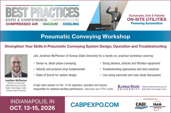 Advertisement for the Pneumatic Conveying Workshop at the Best Practices EXPO, led by Jonathan McPherson of Kansas State University, covering dense and dilute phase conveying, velocity and pressure drop, sizing blowers and airlocks, and troubleshooting.