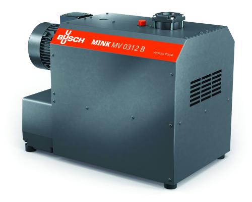 A Busch Mink claw vacuum pump in a grey cabinet with its drive motor at one end.