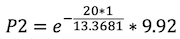 Formula: P2 = e^(-20×1/13.3681) × 9.92