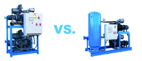 Two vacuum system arrangements side by side captioned versus: one skid without a receiver and one with a tall blue receiver tank.