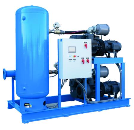 Blue industrial vacuum pump skid with a vertical receiver tank, control panel, and dual pump motors mounted on a steel frame