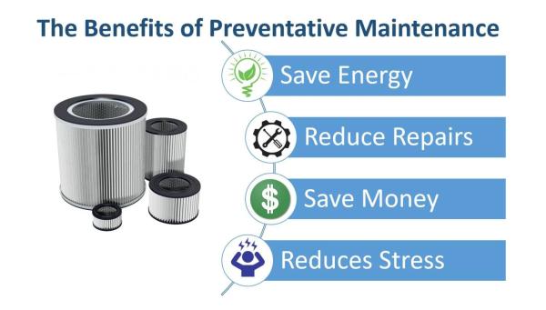 Slide titled 'The Benefits of Preventative Maintenance' with icons and text listing four benefits, alongside a photo of stacked cylindrical air filters